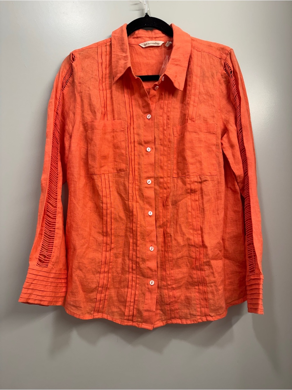 Soft Surroundings Linen Button Down Shirt Coral Orange Resort Coastal Relaxed